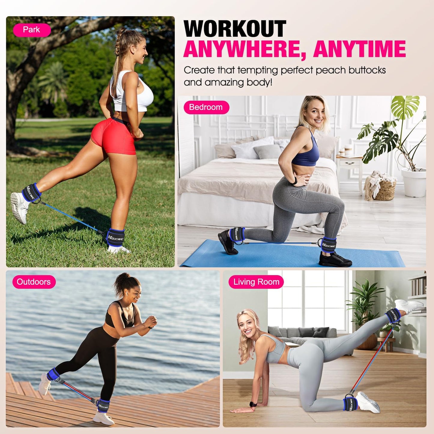 Ankle Resistance Bands with Cuffs, Ankle Bands for Working Out, Ankle Resistance Band for Leg, Booty Workout Equipment for Kickbacks Hip Fitness Training, Exercise Bands for Butt Lift Women