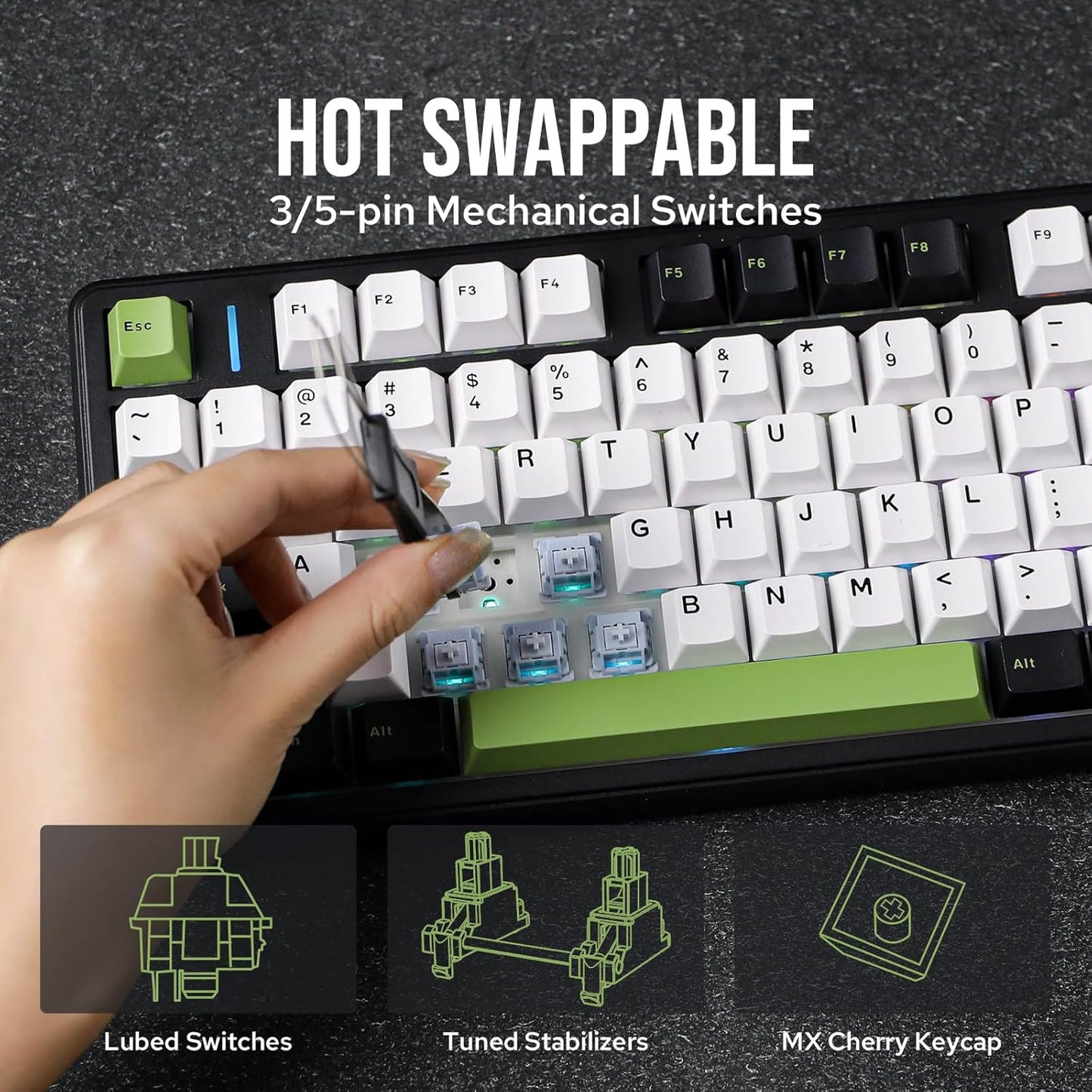 EPOMAKER X Aula F99 PRO Wireless Gaming Keyboard with 8000mAh Battery, Hot Swappable Creamy Keyboard, 2.4GHz/Type-C/BT5.0, NKRO, RGB Backlit for Win/Mac/Gaming (Black&White&Green)