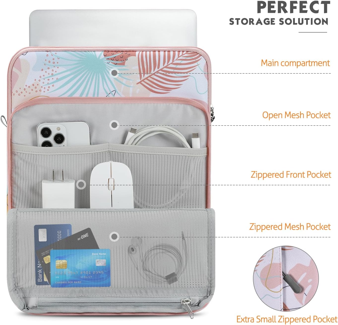 MoKo Laptop Sleeve Bag for 13.3-14 Inch, Notebook Carrying Case with Pocket Fits New MacBook Pro M3/M2 14" /13" M2/M1 Pro/M1 Max 14.2 2023-2021/Air 13.6" M2 2022, Surface Pro 9/8 13", Tropical Leaf