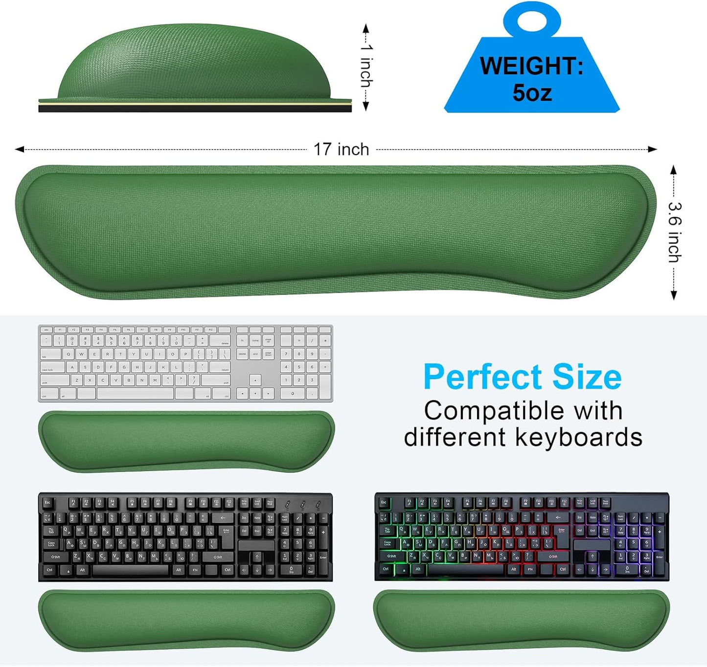 Dapesuom Enlarge Keyboard Wrist Rest, Memory Foam Keyboard Wrist Cushion for Computer Desk Mats Support, Typing Pain Relief Ergonomic Mouse Pad Rests with Non-Slip Base for Gaming Laptop, Forest Green