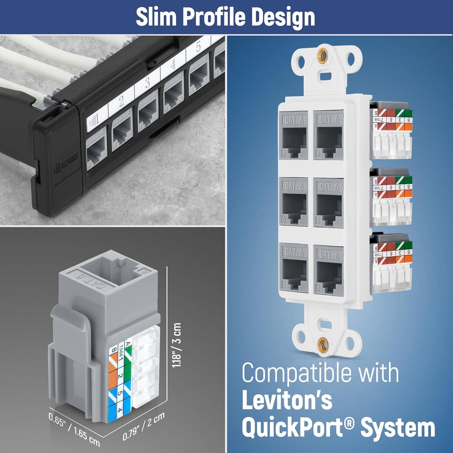 Everest 90° Angled RJ45 Cat6 Keystone Jacks 10-Pack in Gray - Slim Profile Female RJ45 Connectors - Cat 6 Keystone Jack - Compatible with 90° Angled Speed Termination Tool - easyJACK (B094WB91H3)