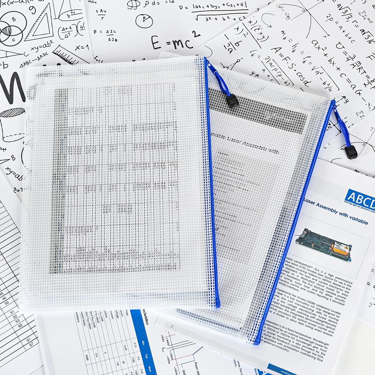 AUSTARK 20 Pcs Zipper File Bags, Plastic Mesh Pouch, Board Game Storage Bag, Waterproof Bags for Office School (A4 Size 13.4''x9.4'', White and Blue)