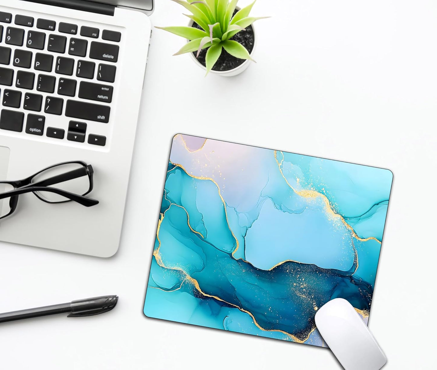 Golden Texture Teal Marble Mouse Pads for Desk, Portable Wireless Computer Mouse pad Small Design with Women, Non-Slip Rubber Base Laptop Mousepad 9.5" x 7.9" Smooth Surface for Office & Travel