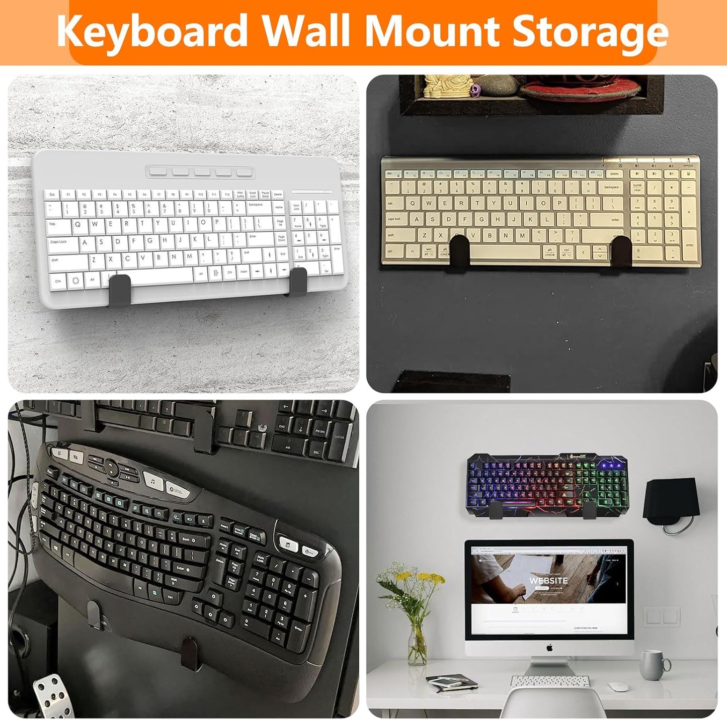 4 PCS Keyboard Wall Mount Storage,Keyboard Wall Holder,Keyboard Wall Rack, Metal Keyboard Wall Hanger with Adhesive & Screw in,for Gaming Mechanical Keyboards, for Devices Thickness < 3cm