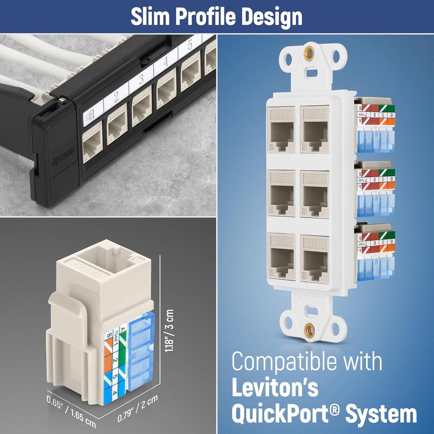 Everest 90° Angled RJ45 Cat5e Keystone Jacks 50-Pack in Light Almond - Slim Profile Female RJ45 Connectors - Cat 5e Keystone Jack - Compatible with 90° Angled Speed Termination Tool - easyJACK