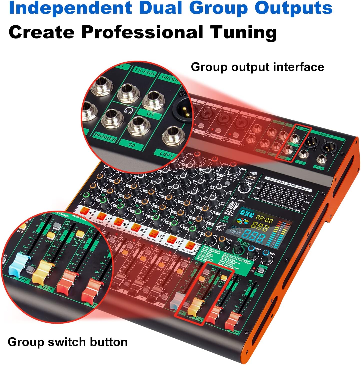 Depusheng TG8 professional dj audio mixer 8 channel input and dual group output with 99-bit dps reverb chip bluetooth usb recording and mp3 playback suitable for stage, bar, recording studio
