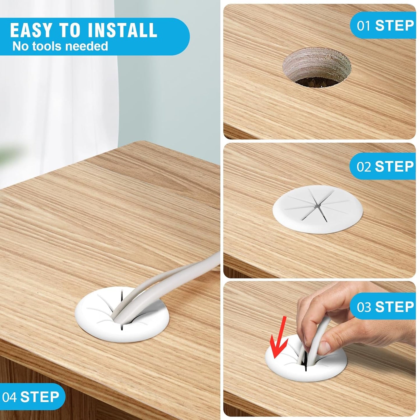 2-3/8" White Desk Grommet, JTemgle Flexible Cable Grommet Rubber Cable Hole Cover Wire Organizer Caps Desktop Cord Management for Home Office TV Stands Tabletops, 5 Pieces