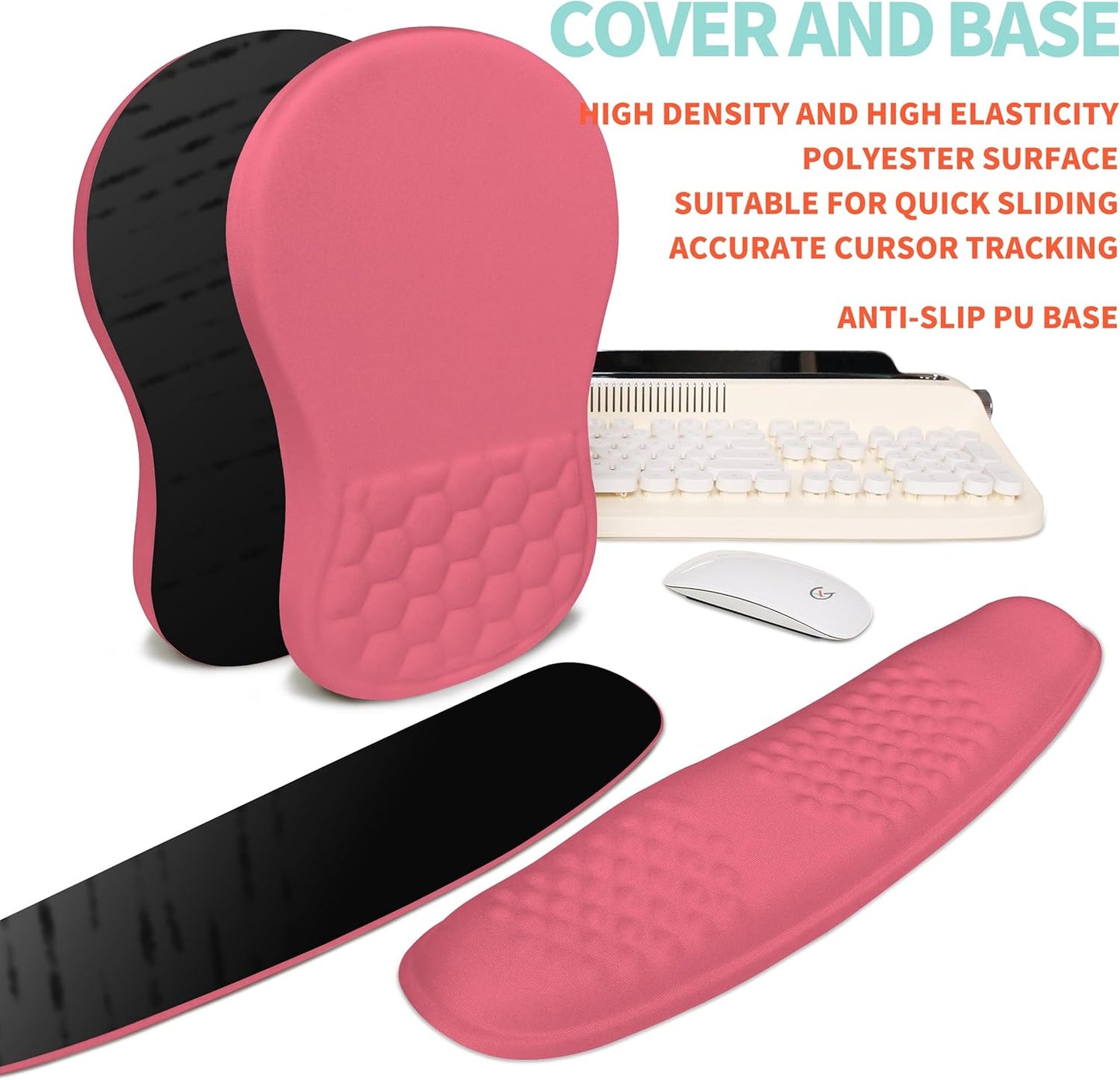 2-in-1 Ergonomic Set, Wave Rise Keyboard Wrist Rest and Massage Bulge Slope Mouse Pad Wrist Support, Cushion Memory Foam Integrated to Relieve Wrist Pain, Muskmelon Pink