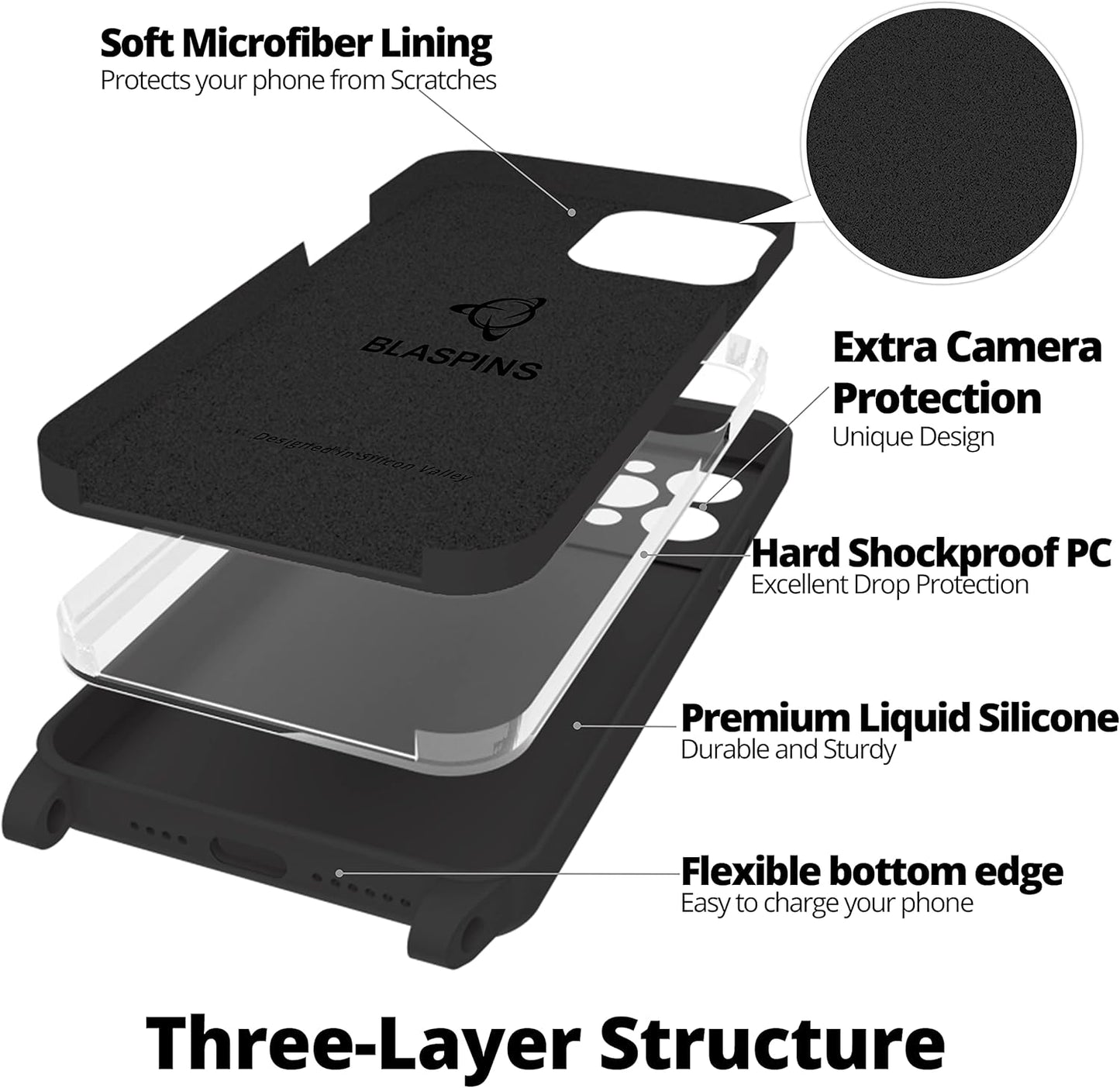 Blaspins Crossbody Strap Phone Case for iPhone 13 Pro Max, Adjustable Rope, Belt Neck Lanyard, String Detach Lanyard, Drop Proof Sturdy, Wrist Hand Free Protective Cover 6.7 inch 13 Pro Max - Black