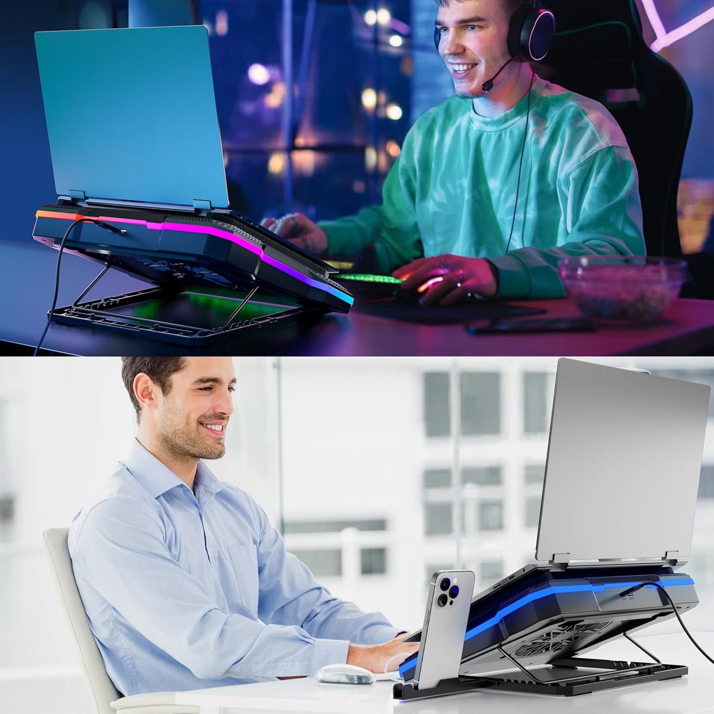 MOOJAY Laptop Cooling Pad Powerful Turbo Fan RGB Gaming Notebook Cooler, Laptop Fan Cooling Stand with 8 Adjustable Heights and Phone Holder, for 14-19 Inch Laptops - Colored LED Light