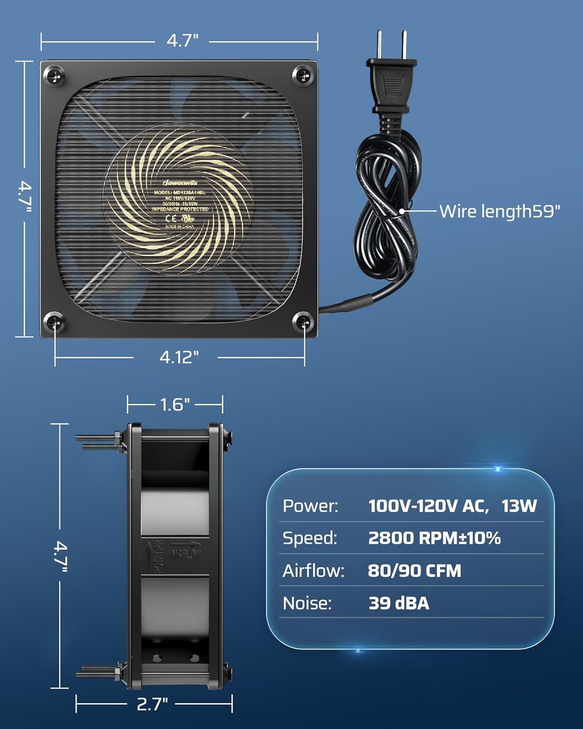 DEWENWILS Exhaust Fan 120V AC, Waterproof Ventilation Fan 30 Mesh Metal Filter, 120mm x 38mm, Dustproof DIY Cooling Fans for Reptile Pet Enclosures Cabinet, 2850RPM 90CFM CE UL Listed, 2 Pack