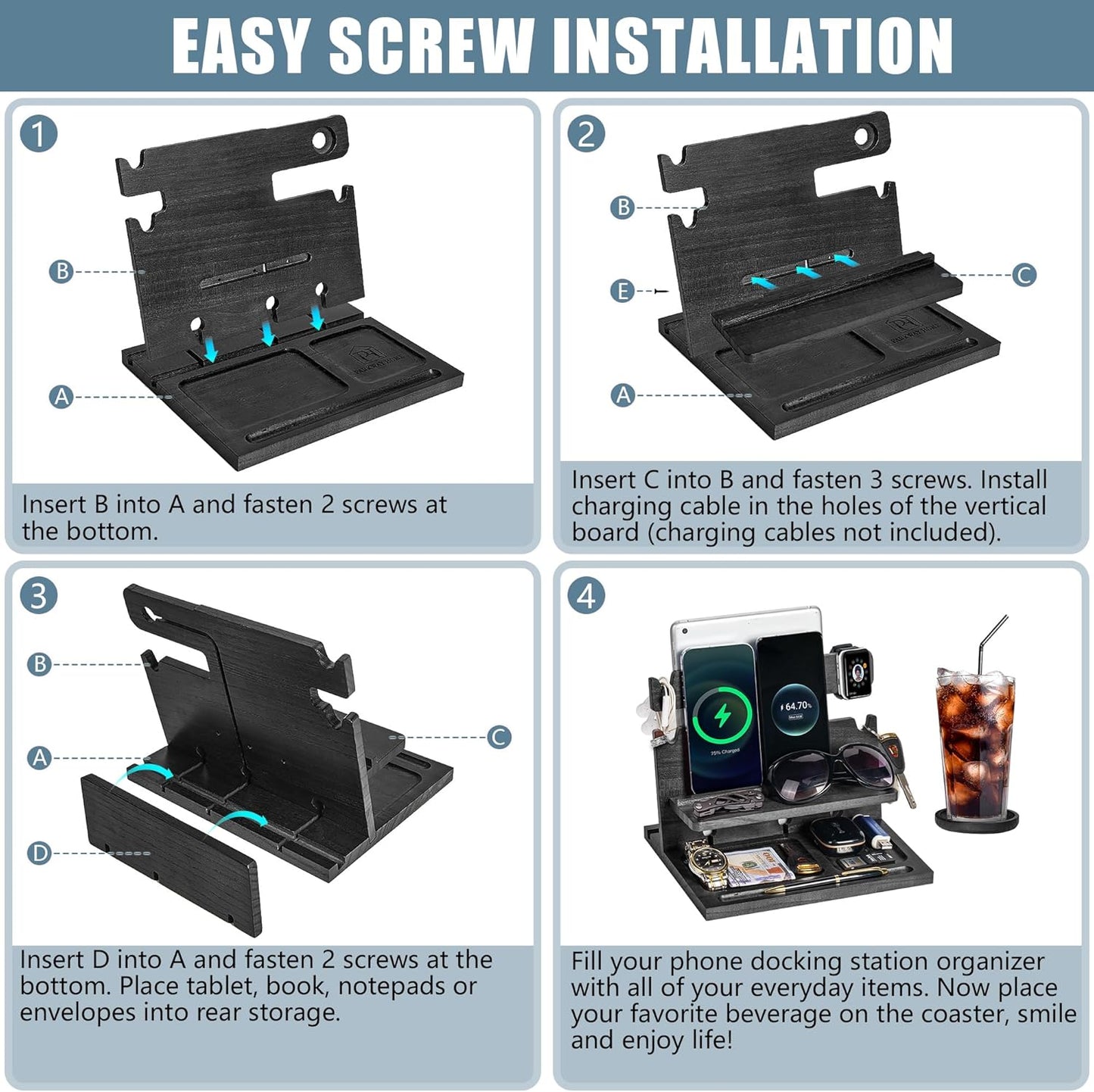 Black Wood Phone Docking Station for up to 3 Phones - Nightstand Organizer for Men & Women, Compatible with Apple Watch, Holds Phones, Tablets, Keys, Rings, Glasses, Watches, EDC & More