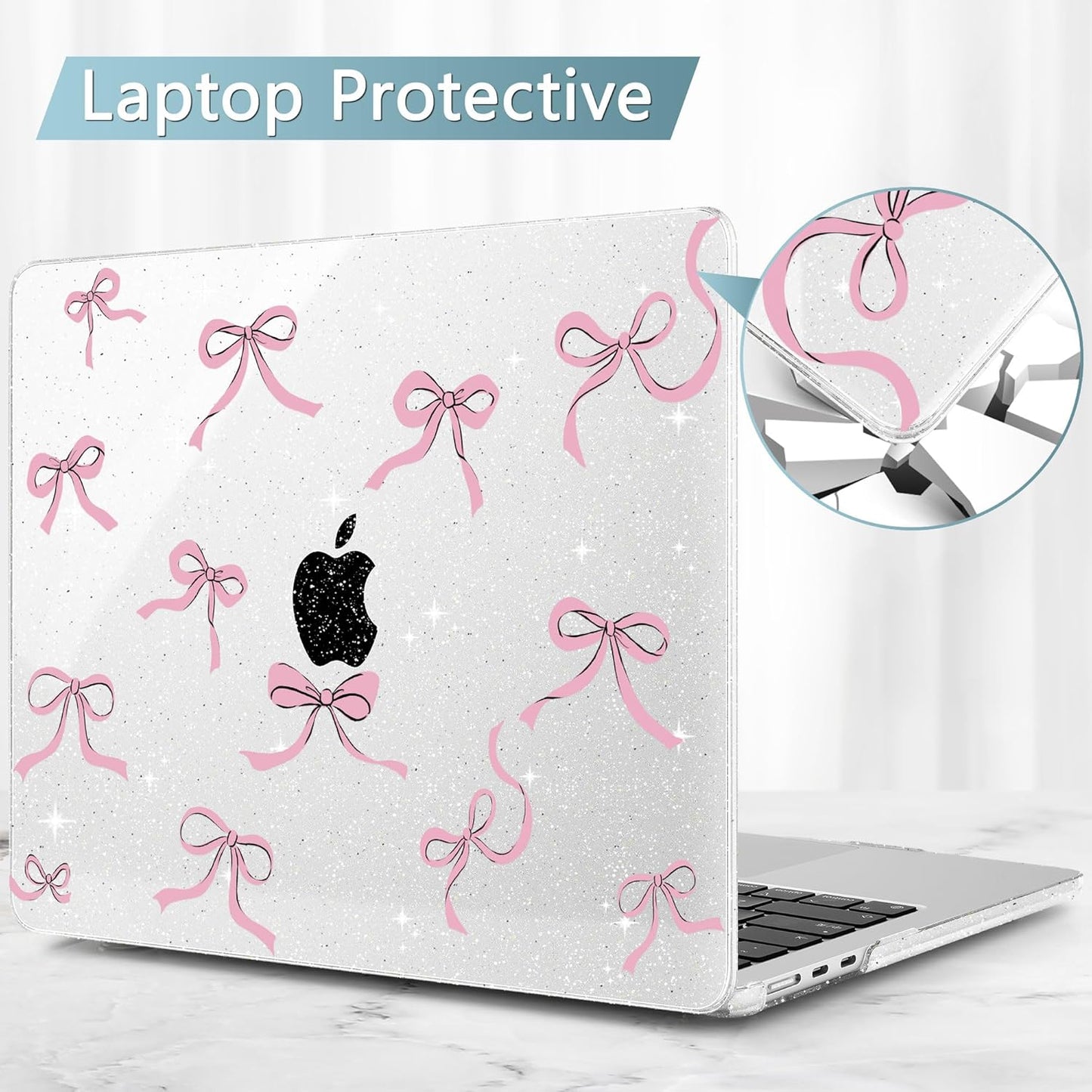 May Chen for MacBook Air 13.6 inch Case A3240 M4 A3113 M3 A2681 M2 with Retina Dispaly, 2025 2024 2023 2022 Release, Plastic Hard Shell Case with Screen Protector & Keyboard Cover, Clear Glitter Bow