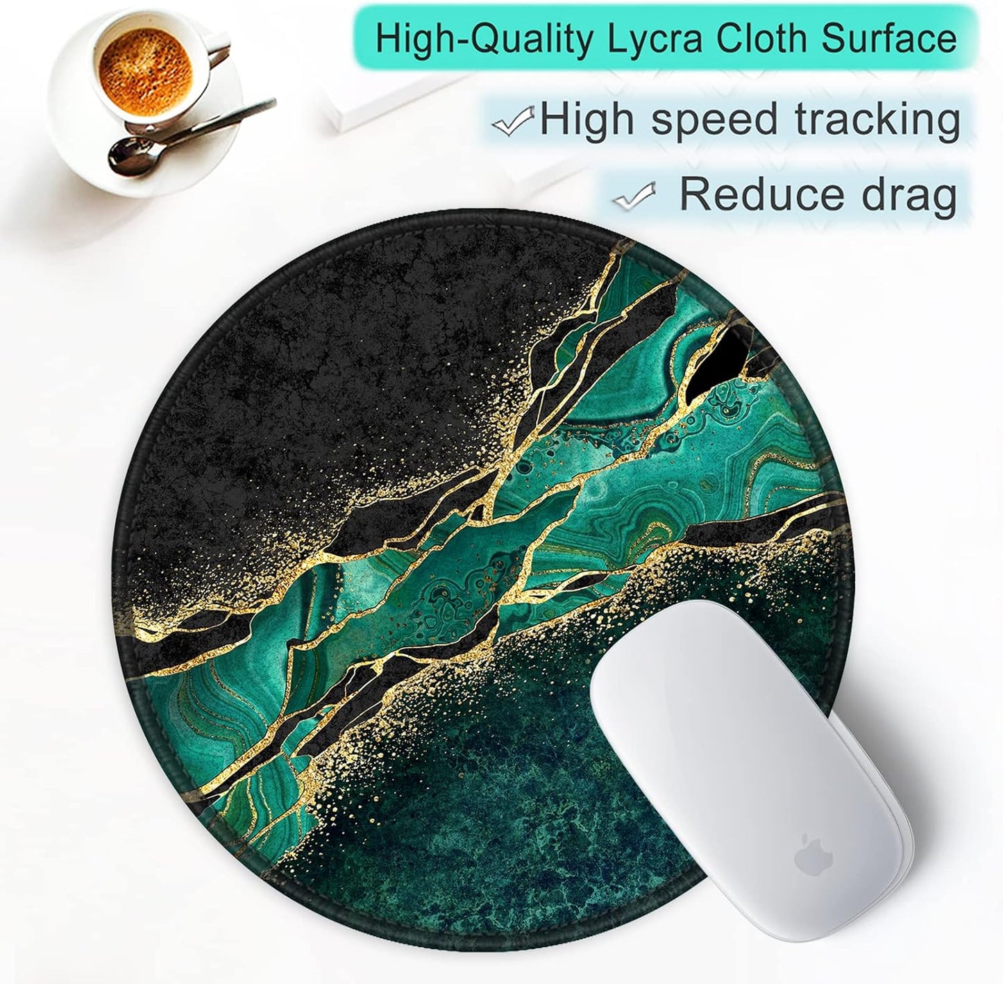 ITNRSIIET Round Mouse Pad with Stitched Edge Premium-Textured Waterproof Non-Slip Rubber Base Desktop Protection Mat Diameter 8.7 inches, Green Marble Gold