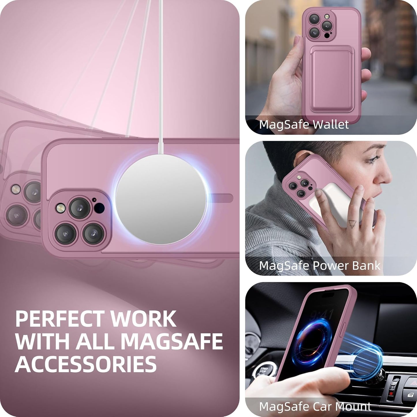 BERFY Magnetic for iPhone 14 Pro Max Case,Compatible with MagSafe,Built-in Privacy Screen Protector and Upgraded Camera Protection,Anti-Spy Full Body Shockproof Phone Case for 14 Pro Max,Palevioletred