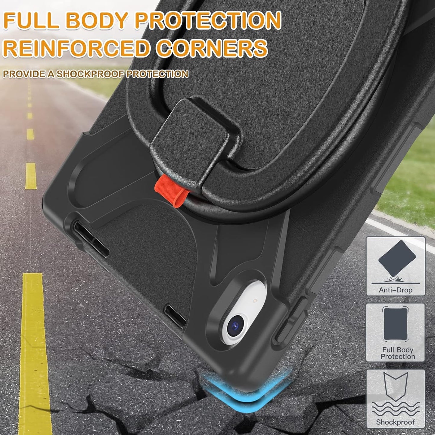 BRAECN Case for iPad (A16) 11th/10th Generation 11”/10.9'' 2025/2022, Protective Silicone Rugged with Screen Protector/Swivel Ring Stand/Stable Kickstand/Handle Grip/Shoulder Strap for Kids, Black