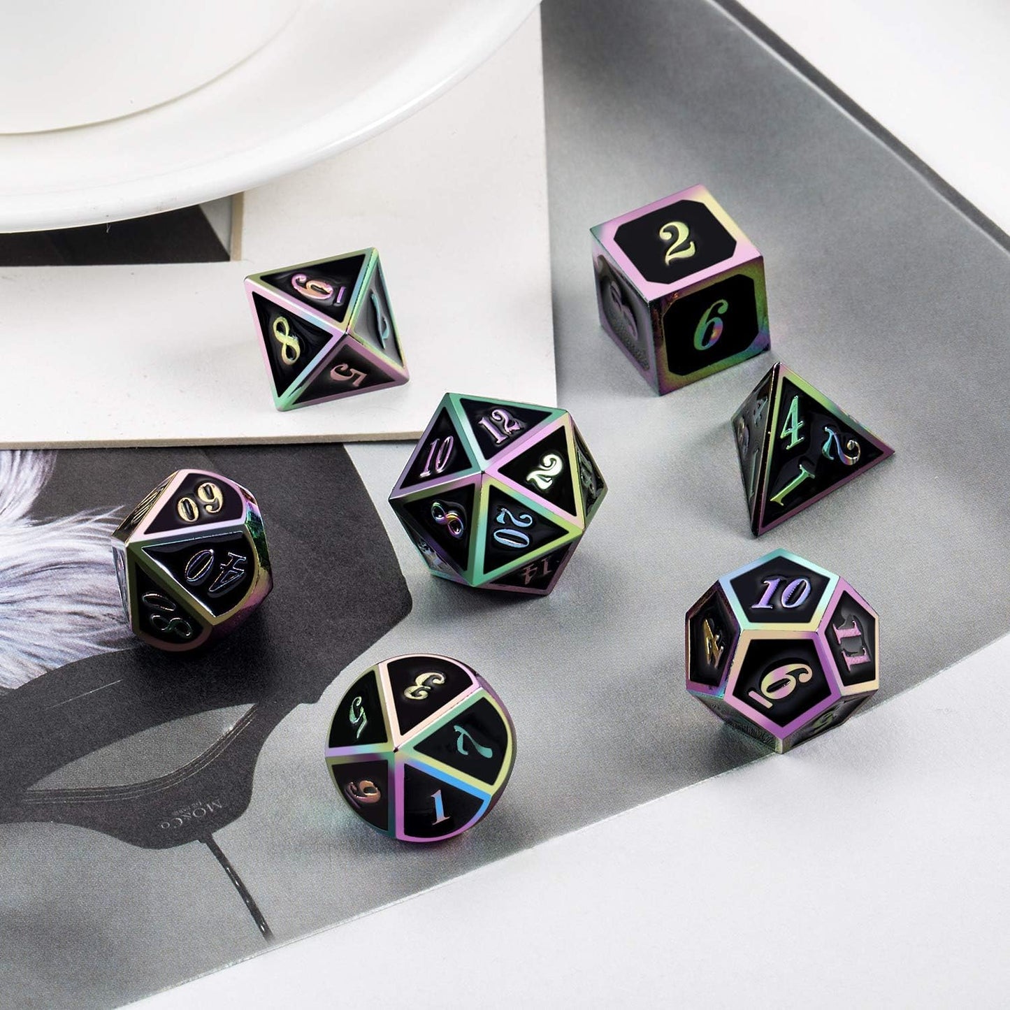 DNDND Rainbow Edge 7 Pieces Metal Dice Set DND Polyhedarl Heavy D&D Dice Set with Metal Tin for Dungeons and Dragons and Role Playing Game