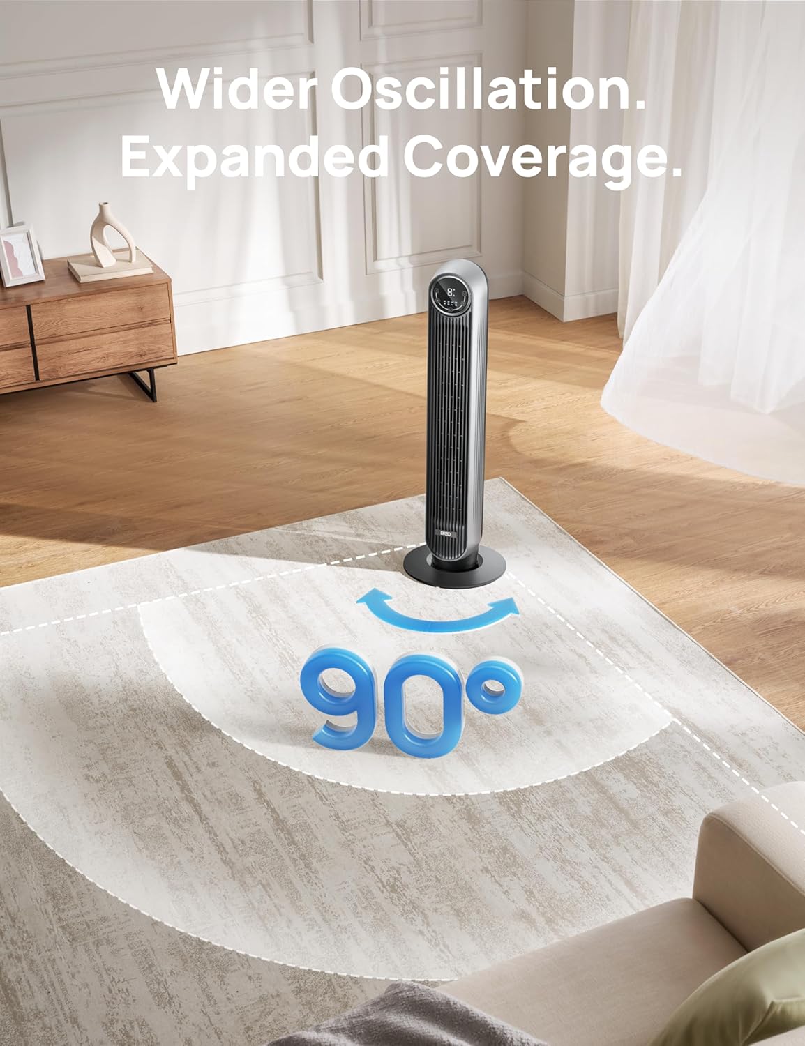 Dreo Tower Fan for Bedroom, 25ft/s Velocity Quiet Floor Fan, 90° Oscillating Fans for Indoors with 4 Speeds, 4 Modes, 8H Timer, Bladeless Fan, Standing Fans, Silver, Nomad One (DR-HTF007)