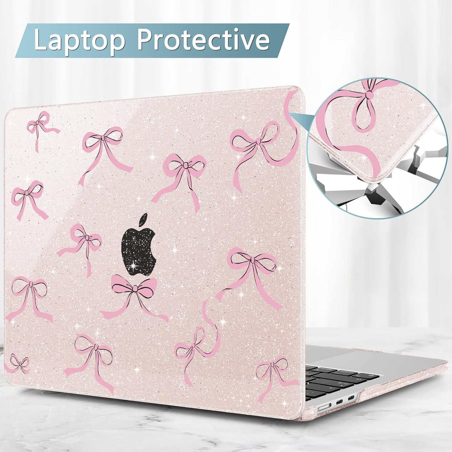 May Chen for MacBook Air 13.6 inch Case A3240 M4 A3113 M3 A2681 M2 with Retina Dispaly, 2025 2024 2023 2022 Release, Plastic Hard Shell Case with Keyboard Cover, Sakura Pink Glitter Bow