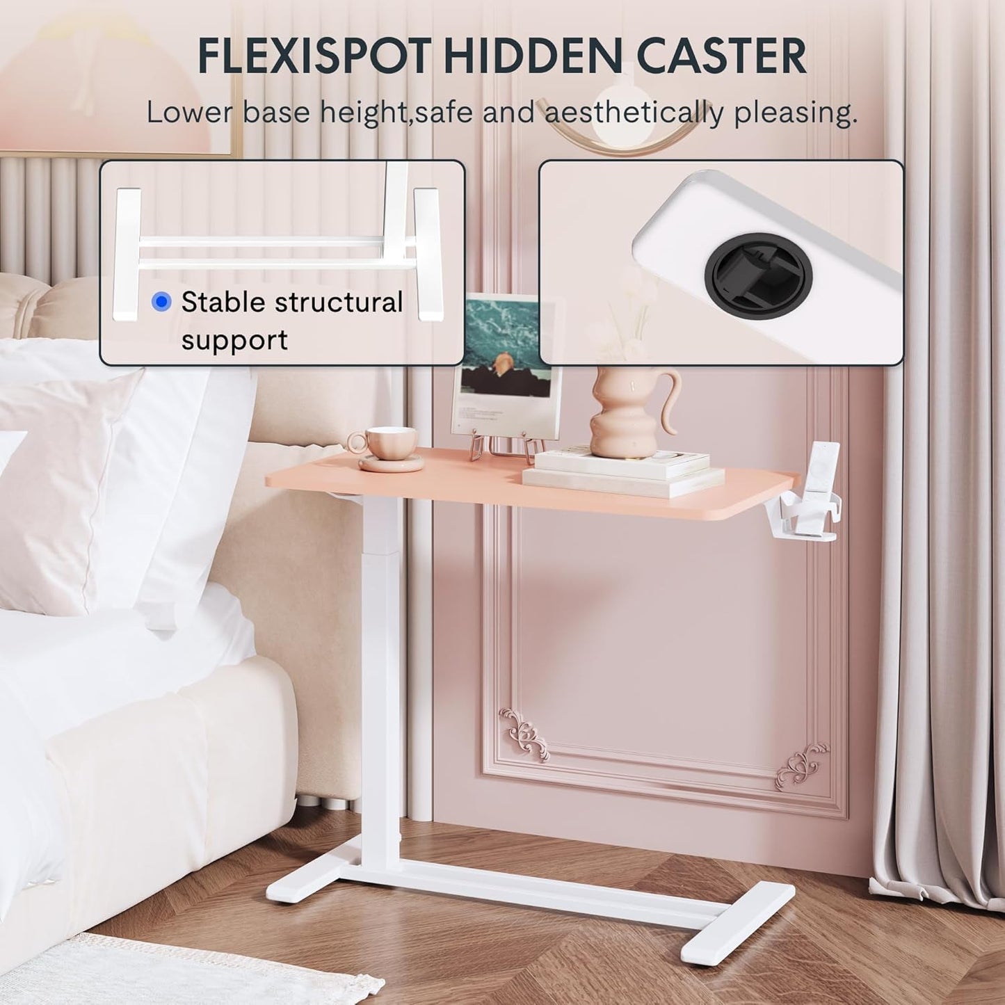 FLEXISPOT H7 Adjustable Overbed Bedside Table with Wheels Pneumatic Mobile Standing Desk Laptop Desk Rolling Computer Cart Movable Overbed Table Hospital Home Use(31.5" W x 17.7" D, Pink)