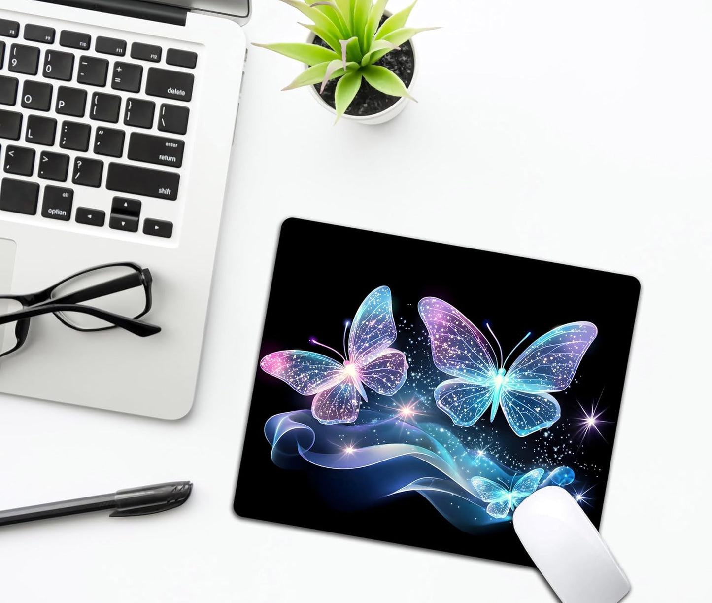 Blue Glitter Butterfly Mouse Pads for Desk, Portable Wireless Computer Mouse pad Small Design with Women, Non-Slip Rubber Base Laptop Mousepad 9.5" x 7.9" Smooth Surface for Office & Travel