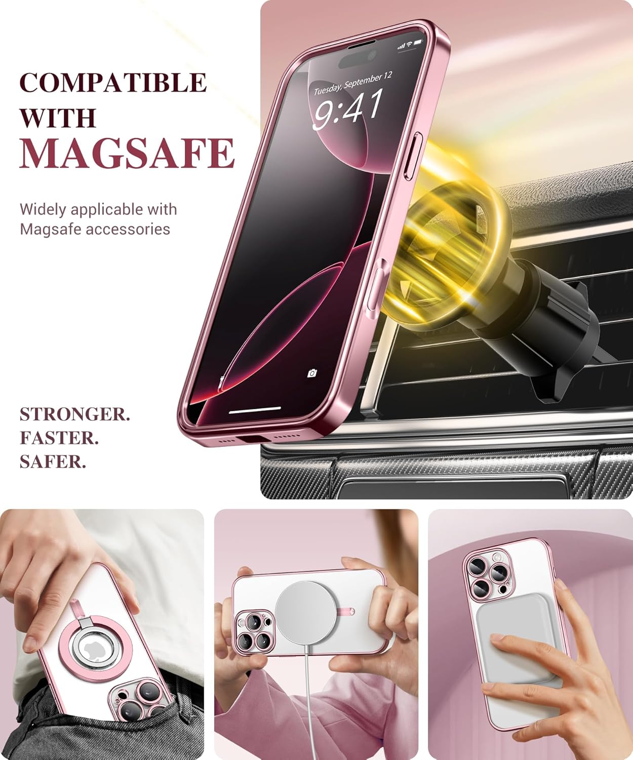 BERFY Magnetic for iPhone 16 Pro Case, Compatible with Magsafe, Built-in 9H Tempered Glass Screen Protector & Upgraded Camera Protection, Full-Body Plating Shockproof Phone Case for 16 Pro 6.3", Pink