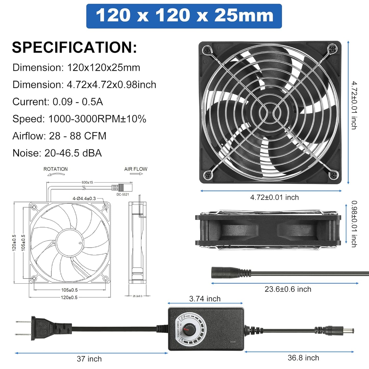 12V 120mmx25mm 4.72inch Small Dual Ball Bearing Window Fan IP44 Moisture-Proof PC Case Fans with Adjustable Speed Controller 3V-12V 1000-3000RPM for Compact Spaces