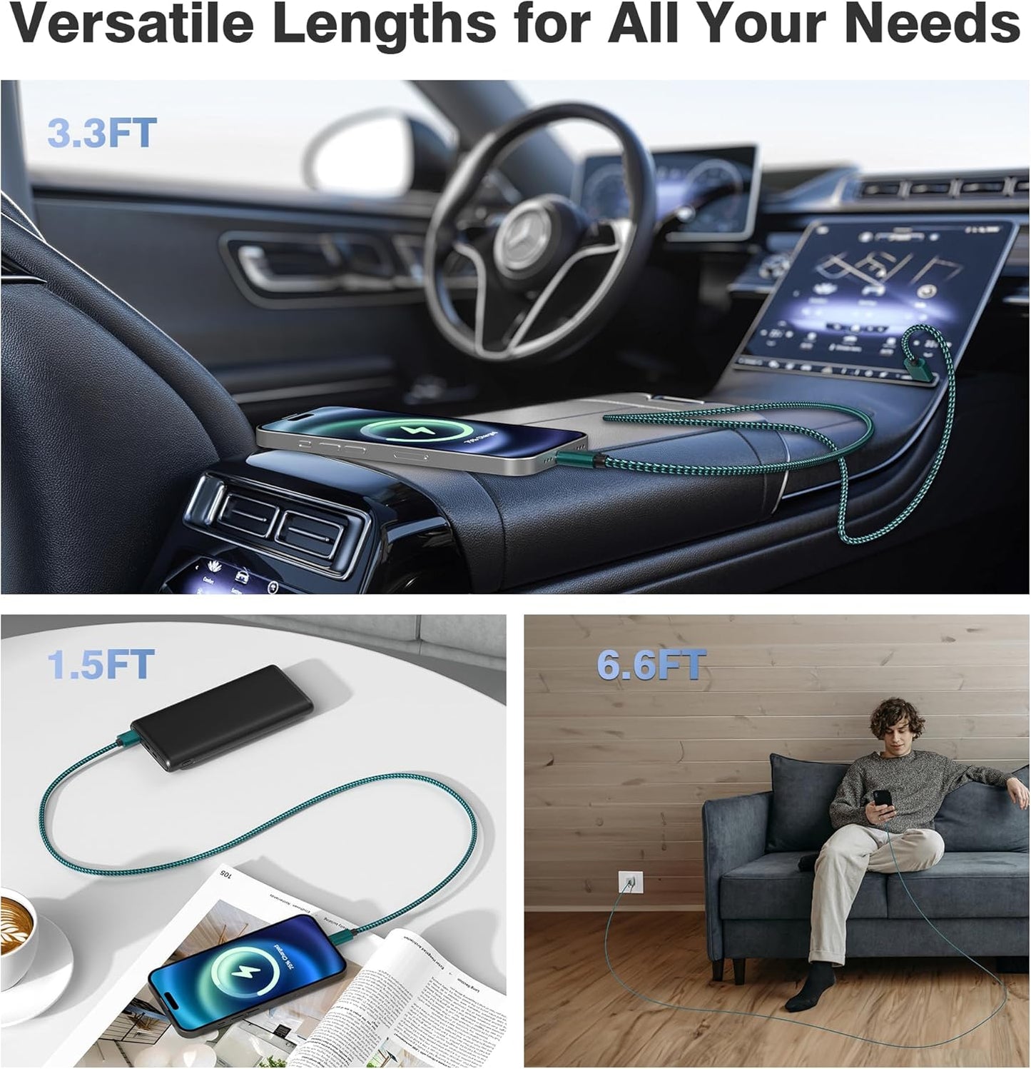 Elebase USB C Car Charger Cable 3 Pack 1.5/3.3/6.6FT,USBC Charging Cord for iPhone 15 16 Max Samsung Galaxy S8 S9 S20 S21 S22 S23 S24 Note 10 20,Moto Play Power G Pro Fast Stylus,Motorola Edge One 5G