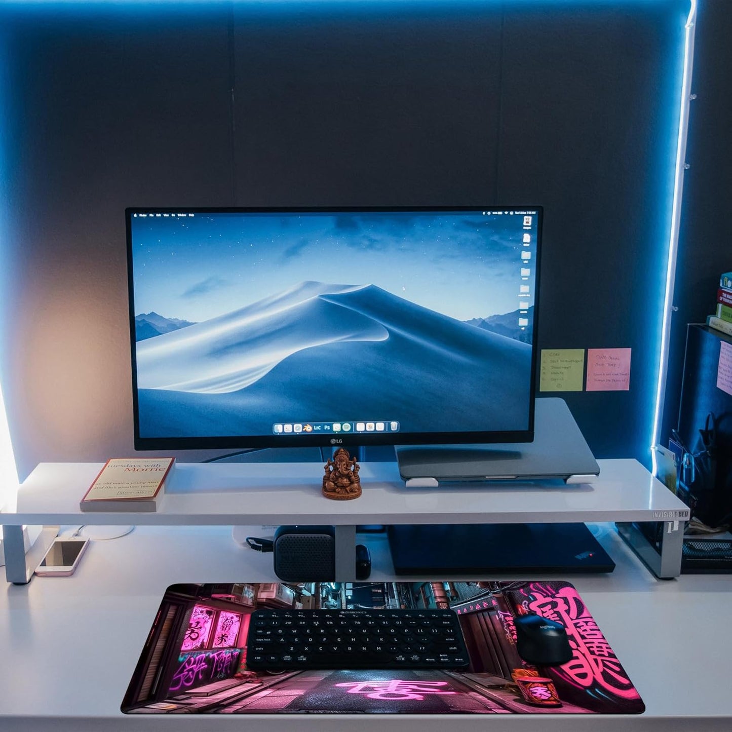 Desk Pad, Anime City Street Scene Desk Mat, Pink Neon Street Large Gaming Mouse Pad for Desk, 31.5"x15.7" Extended Big Computer Keyboard Mouse Pad with Non-Slip Base and Stitched Edge