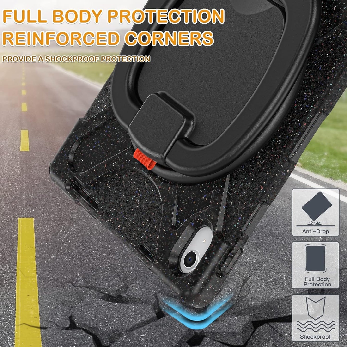 BRAECN Case for iPad (A16) 11th/10th Generation 11”/10.9'' 2025/2022-Heavy Duty Rugged Silicone Case w/Swivel Ring Stand/Kickstand/Shoulder Strap/Pencil Holder/Screen Protector-Carnival Night (Black)