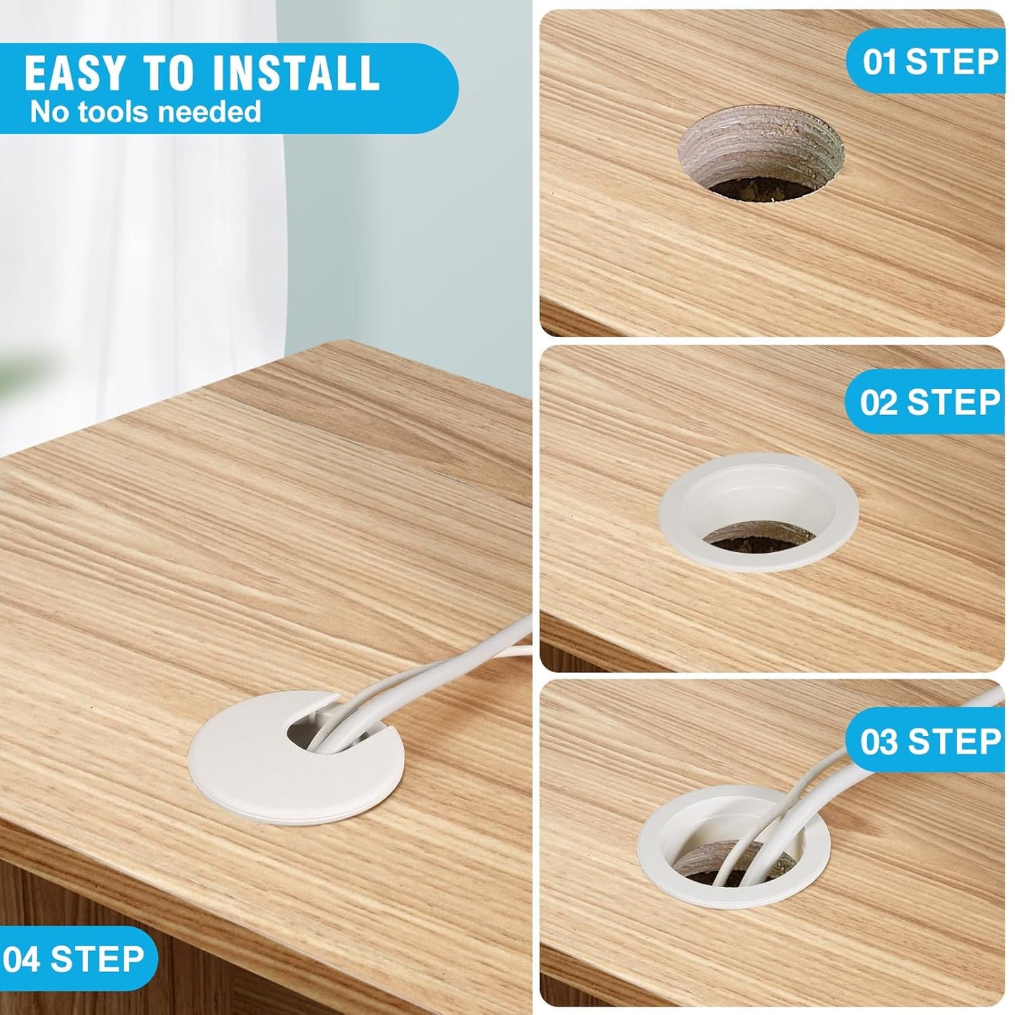 2" White Desk Grommet, JTemgle Plastic Cable Hole Cover Computer Table Cord Wire Organizer Caps Desktop Cord Management for Home Office TV Stands Tabletops, 5 Pieces