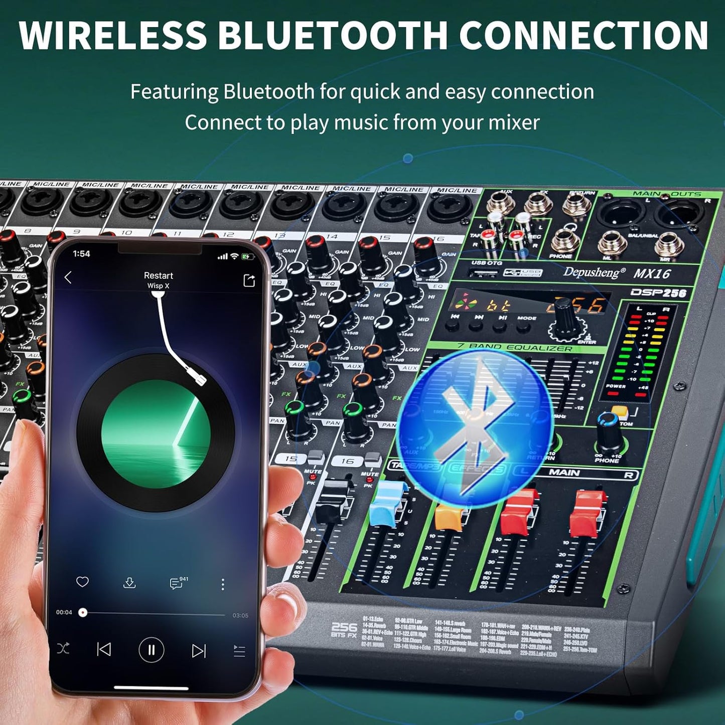 Depusheng MX16 16 Channel Sound Mixer Audio Mixing Console 48V 256DSP Professional USB PC Play Record Podcast Live Broadcast (US MX16)