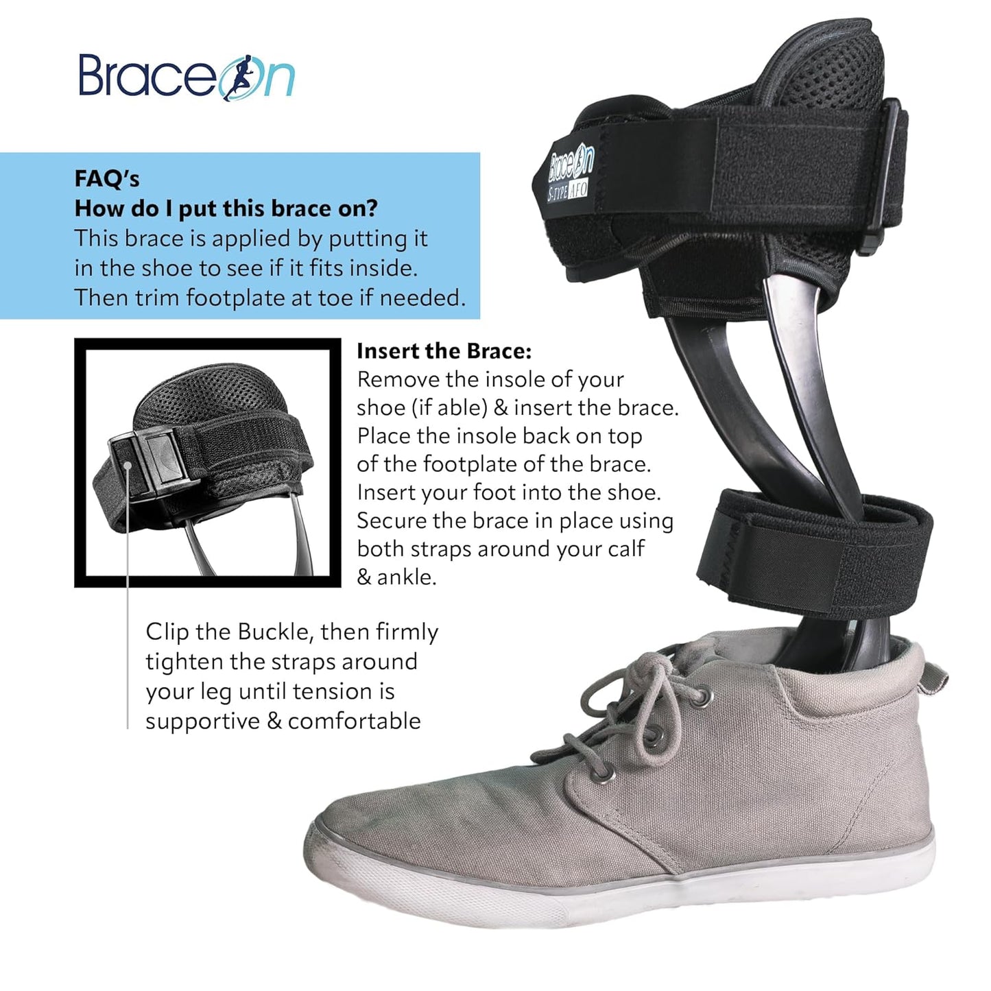 Brace On AFO S-Type - Drop Foot Stabilizer Brace, Moldable, Trimmable, Lightweight Polyethylene, Braces for Men, AFO Brace and Foot Drop Braces, Boot for Injured Foot, Men, Right