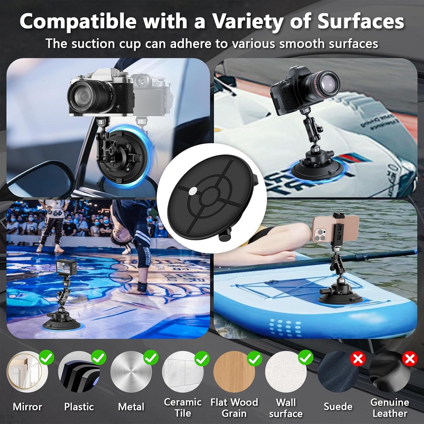 Camera Suction Cup Mount with Ball Head Magic Arm,4.5" Metal Vacuum Suction Cup Mount Car Windshield Dash Mount for Action Camera/Phone Holders with 1/4",1/8" Holes(Black)