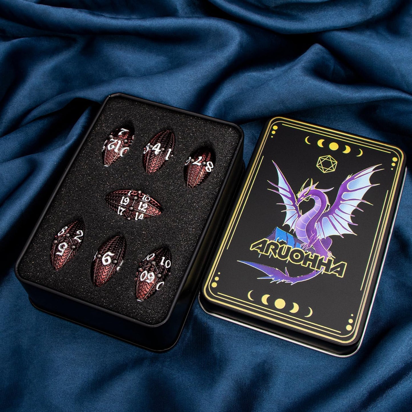 ARUOHHA DND Metal Dice Black Red Dragon Egg Dice with Metal Box, Role Playing Game RPG Polyhedral D and D Dice Set D20 D12 D10 D8 D6 D4
