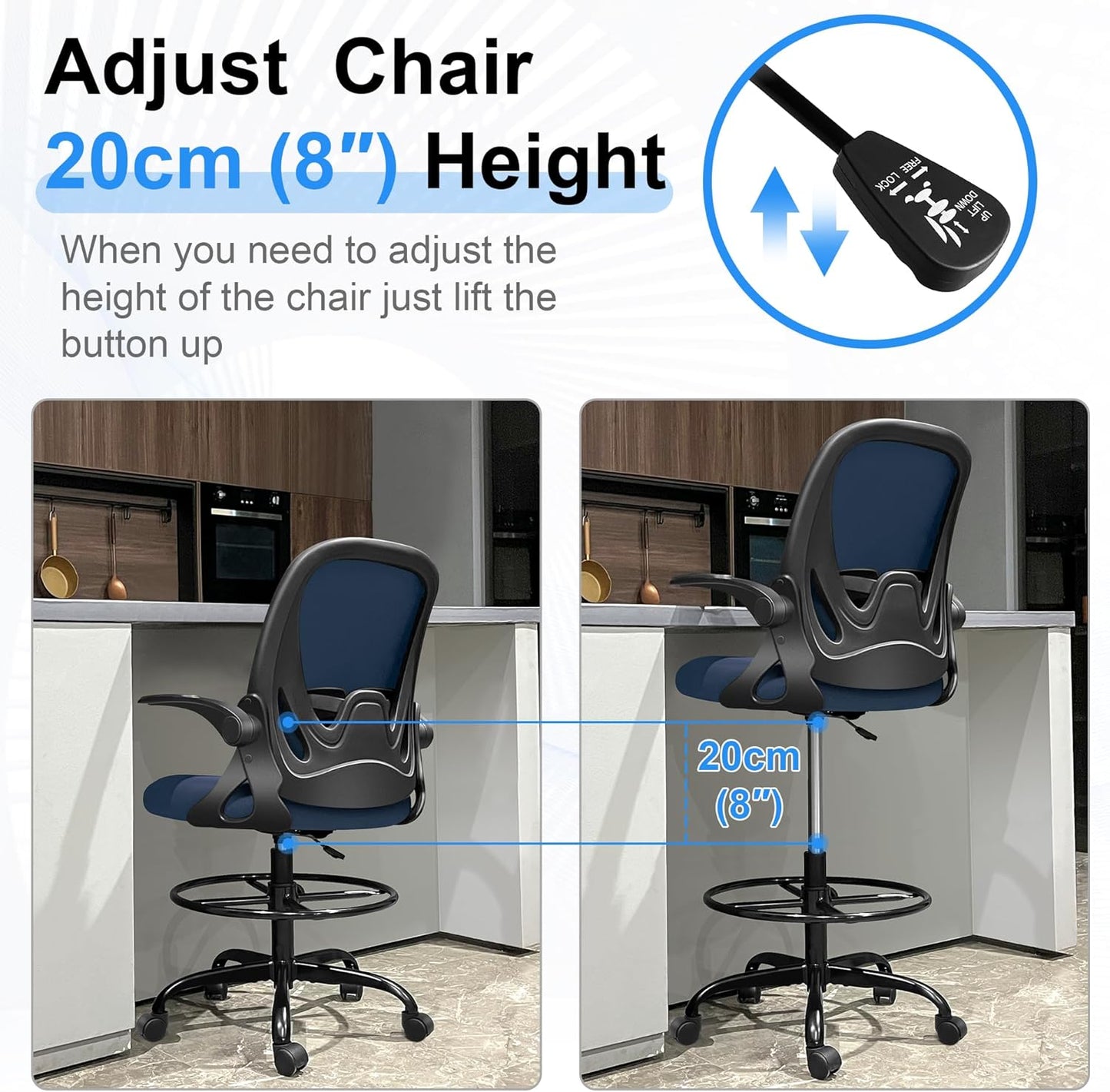 Drafting Chair, Tall Office Chair Ergonomic Standing Desk Chair,with Adjustable Footrest Ring, 3D Lumbar Support, Flip-up Armrests, Swivel Desk Stool for Drawing Working Navy