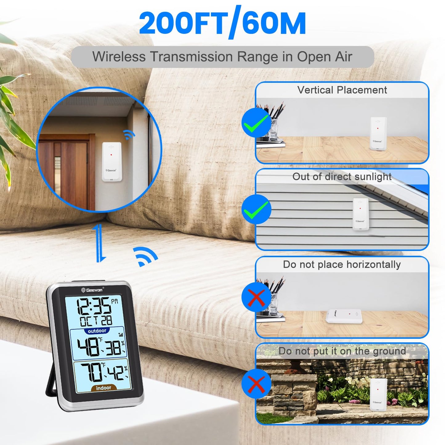 GEEVON Indoor Outdoor Thermometer Wireless Digital Hygrometer Temperature and Humidity Gauge with Time, 200ft/60m Range Temperature Humidity Sensor (Black)