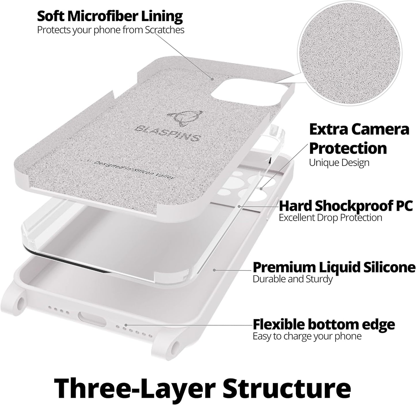 Blaspins Crossbody Lanyard Strap Case for iPhone 13 Pro, Neck Cross Body, Adjustable Holder Removable, Drop Protection Shockproof, Hands-Free Silicone Case 6.1 inch, 150 cm Strap, iP13Pro - White