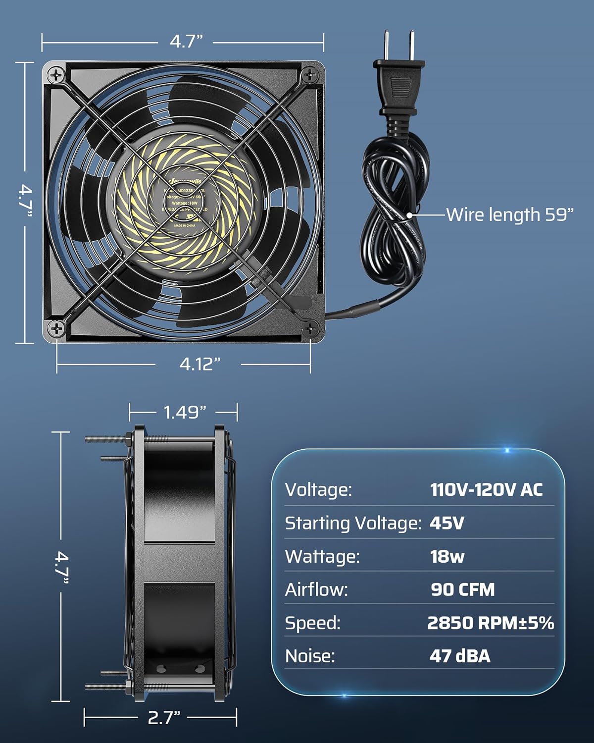 DEWENWILS 120V AC Fan, Waterproof Exhaust Fan 120mm, 18W 2850RPM 90CFM, DIY Cooling Fan for Refrigerator, Computer Case, Compressor Engine, Generator, UL Listed