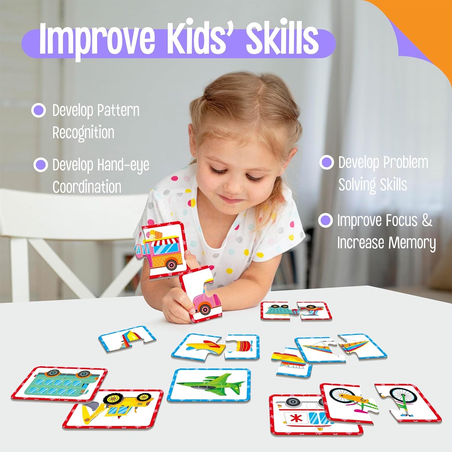 48 Vehicle Matching Puzzles, Self-Correcting Puzzle Match Game Educational Learning Activities for Toddlers, Preschool, Transportation-Themed Learning Games Toys for 3 Years Old