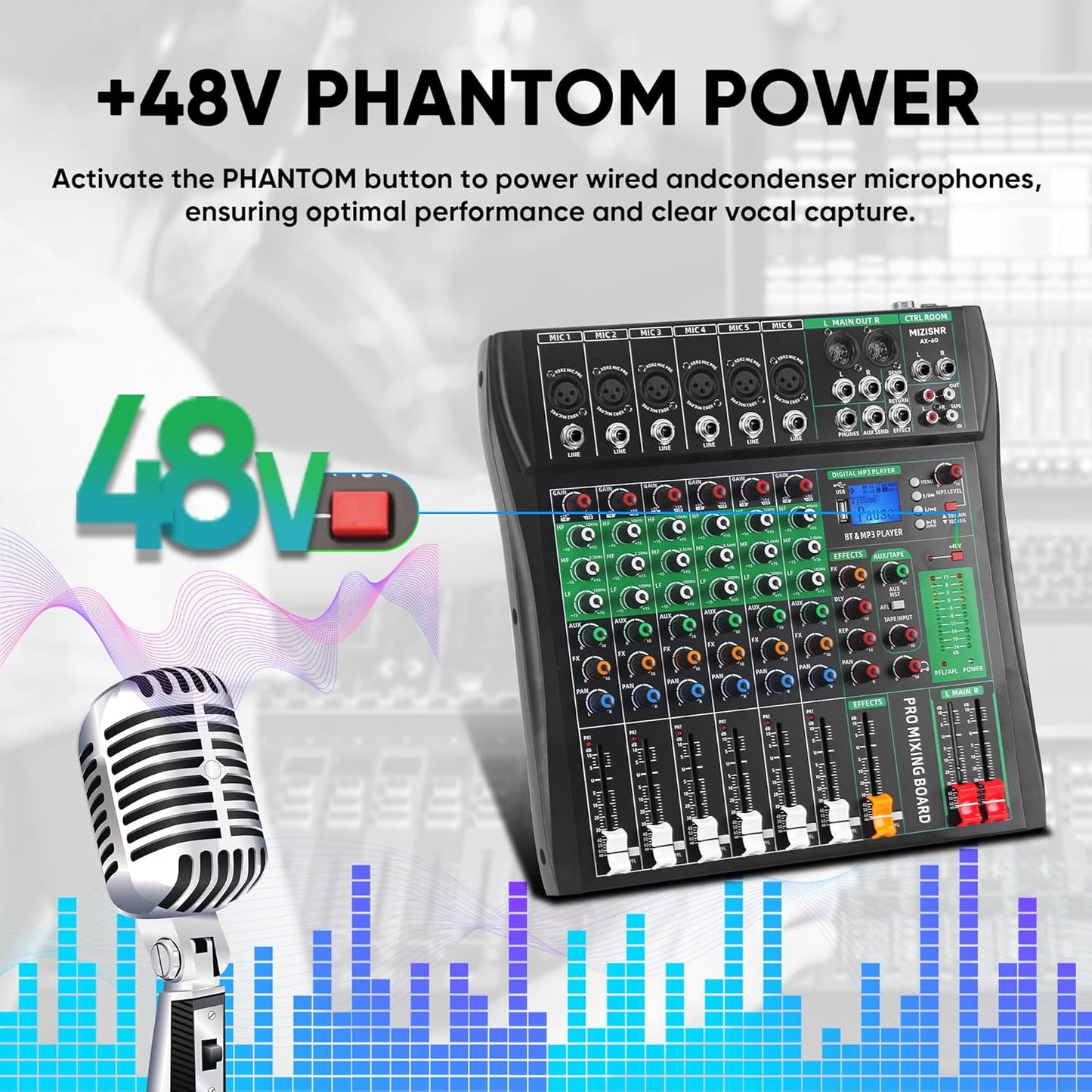 6 Channel Audio Mixer, Professional DJ Mixer Board Sound Music Mixing Console Digital Mixer with Reverb, Bluetooth, USB Port, 48V Phantom Power for Recording Karaoke Podcasting