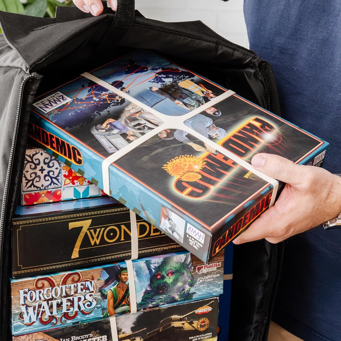 Board Game Backpack with 10 Board Game Bands, Padded Straps, Carrying Handle, Pockets for Small Games and Accessories