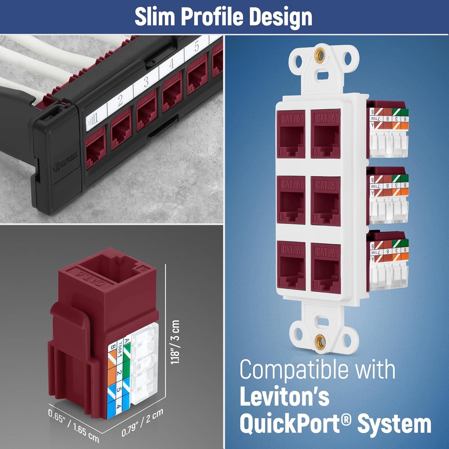 Everest 90° Angled RJ45 Cat6A Keystone Jacks 10-Pack in Red - Slim Profile Female RJ45 Connectors - Cat 6A Keystone Jack - Compatible with 90° Angled Speed Termination Tool - easyJACK (B094WB91H3)