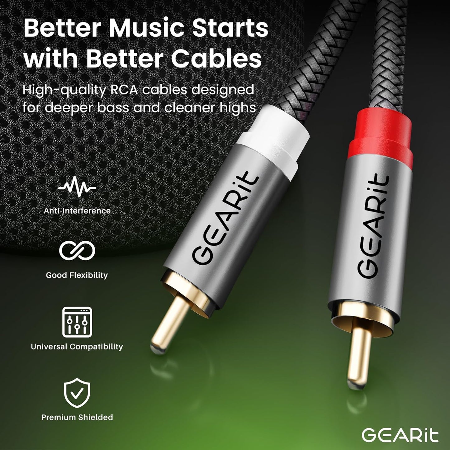 GEARit RCA Cable (1FT) 2RCA Male to 2RCA Male Stereo Audio Cables Shielded Braided RCA Stereo Cable for Home Theater, HDTV, Amplifiers, Hi-Fi Systems, Car Audio, Speakers, 1 Feet