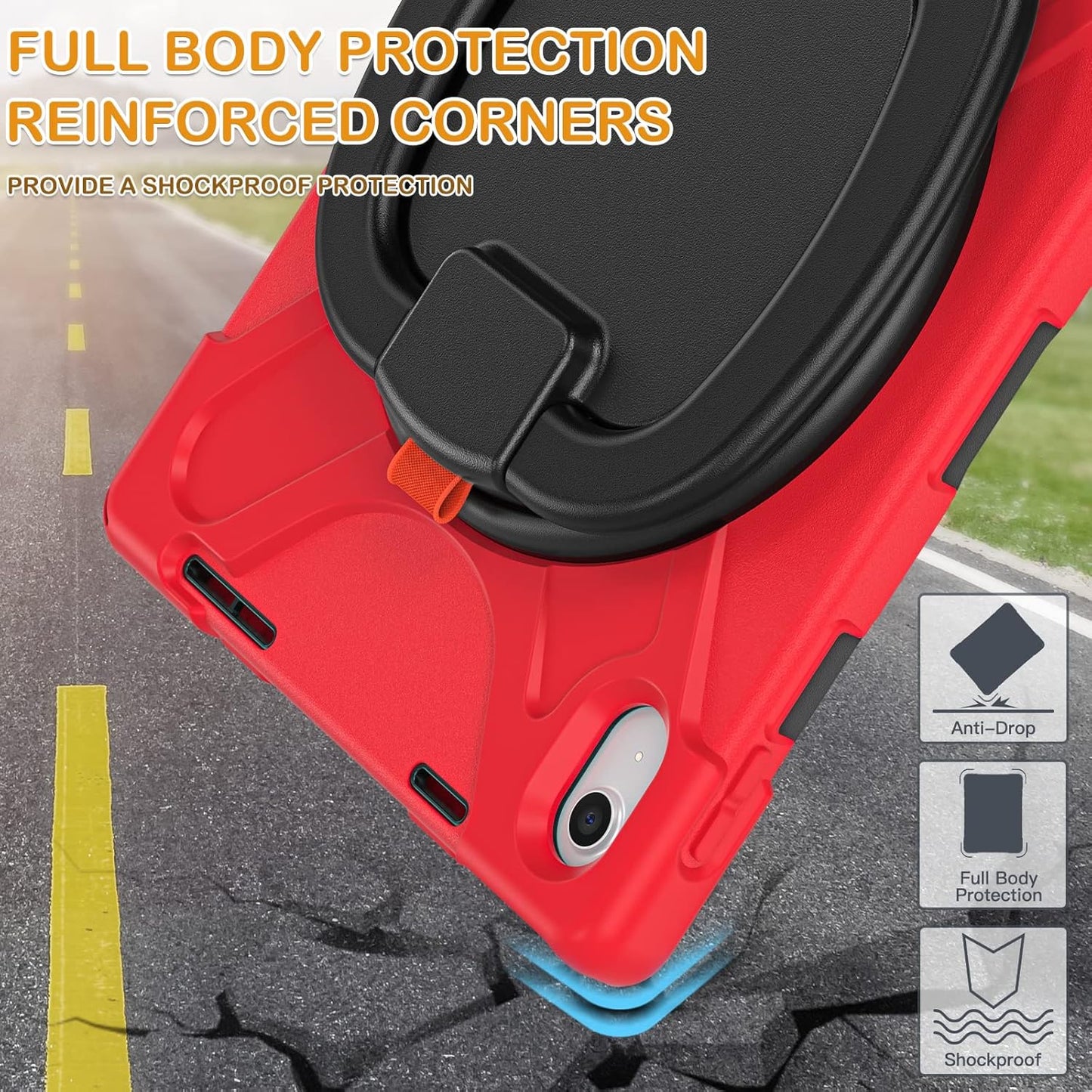 BRAECN Kids Case for iPad (A16) 11th/10th Generation 11”/10.9'' 2025/2022, Heavy Duty Rugged Silicone Cover w/Swivel Ring Stand/Stable Kickstand/Shoulder Strap/Pencil Holder/Screen Protector, Red