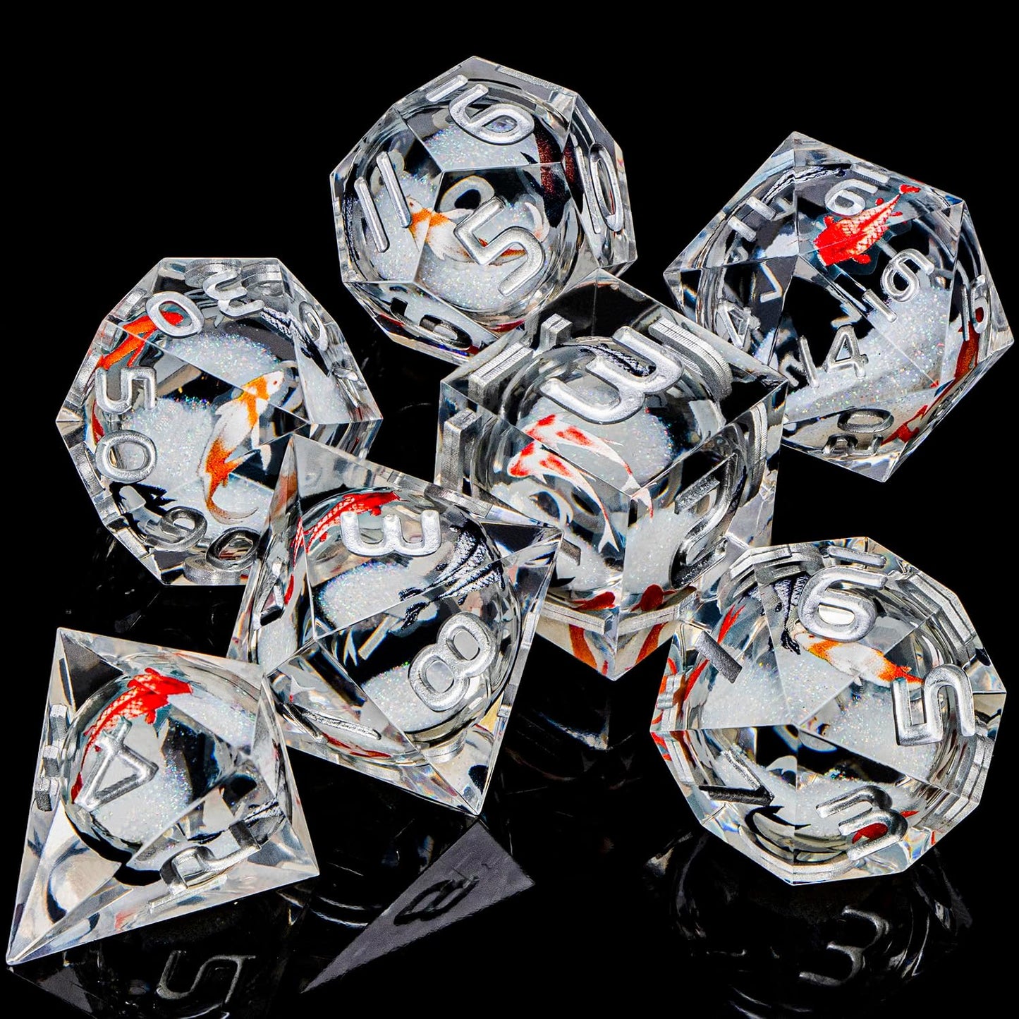 ARUOHHA DND Dice Set Liquid Core Koi Fish Sharp Edged Dragons Dice Compatible with D&D Role Playing Game, RPG Handmade Resin Dungeons Polyhedral D and D Dice Set D20 D12 D10 D8 D6 D4