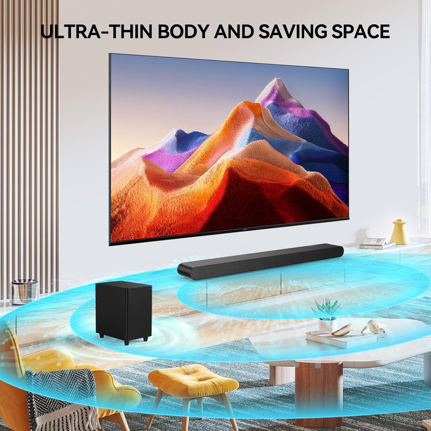 3.1CH Dolby Atmos Soundbar for Smart TV, 390w Virtual Atomos Surround Sound & Wired Subwoofer, 4K HDR Passthrough, HDMI/eARC Home Theater System