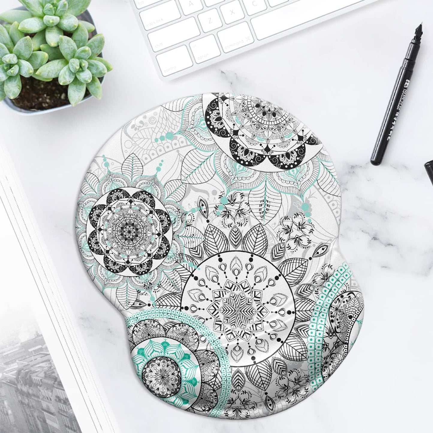 ITNRSIIET Ergonomic Mouse Pad with Gel Wrist Support Small Wrist Rest Smooth Surface Non-Slip PU Base Comfortable Office Supplies Pain Relief, 8.7 x 7.2 inches, Mandala Flowers