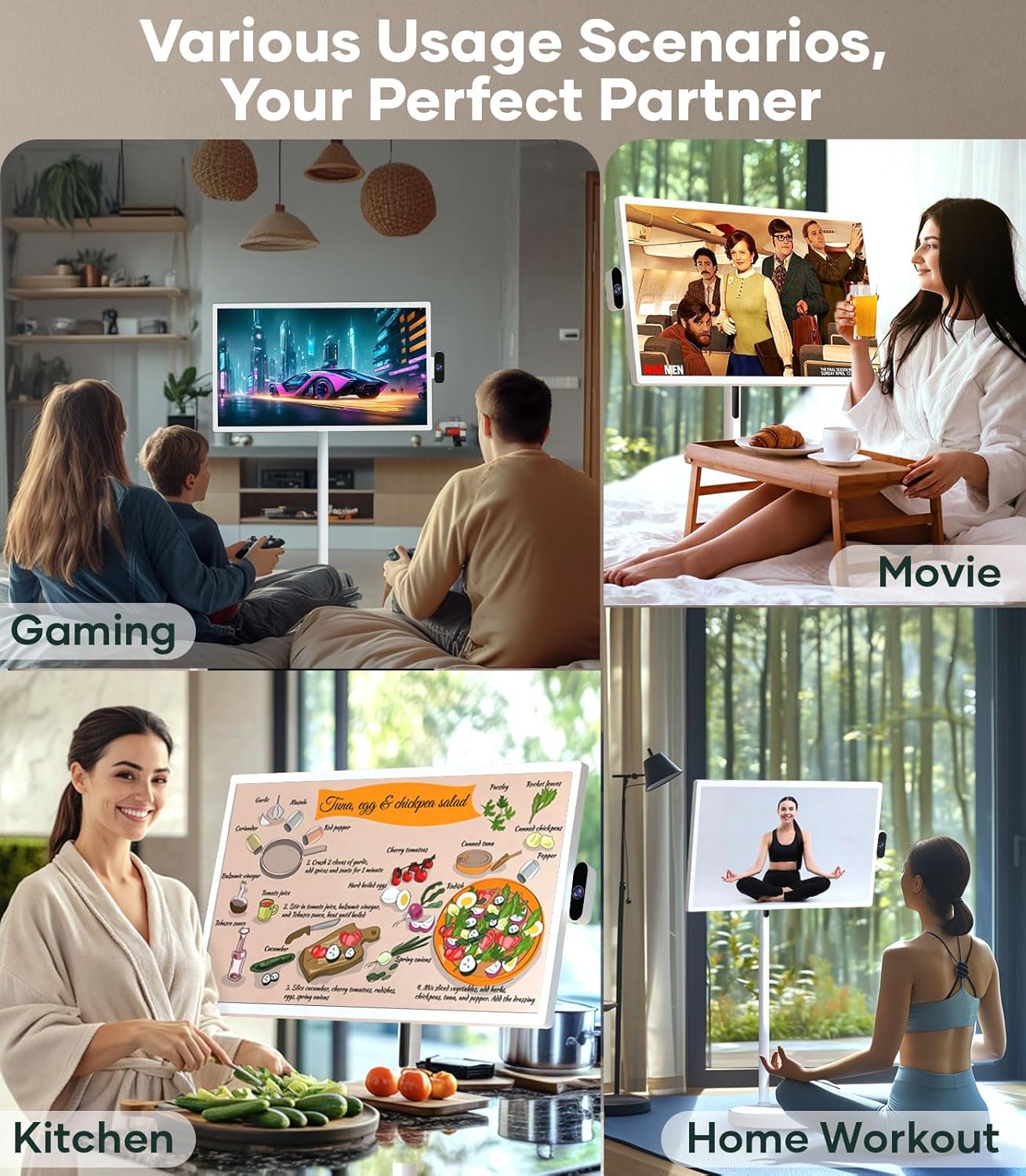 Cozyla Mate 32 Inch Mobile Portable TV Stand on Wheels Support Google Store Full Swivel Rotation Portable Touch Screen Monitor Built-in Battery Smart Rolling Tablet TV 4K Camera Remote Control White