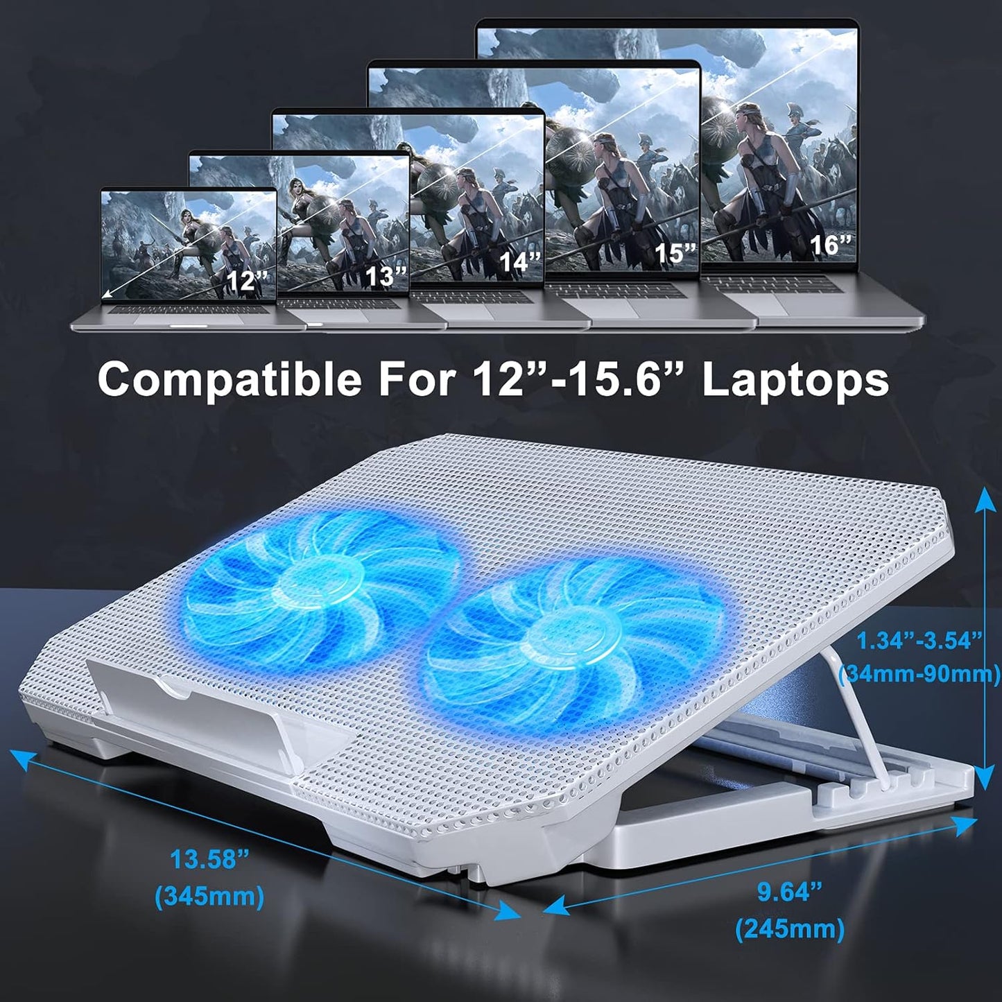 Laptop Cooling Pad with Adjustable Height Two 5.1 Inches Fan 2 USB Ports Suitable for 12"-15.6" Laptops(White)